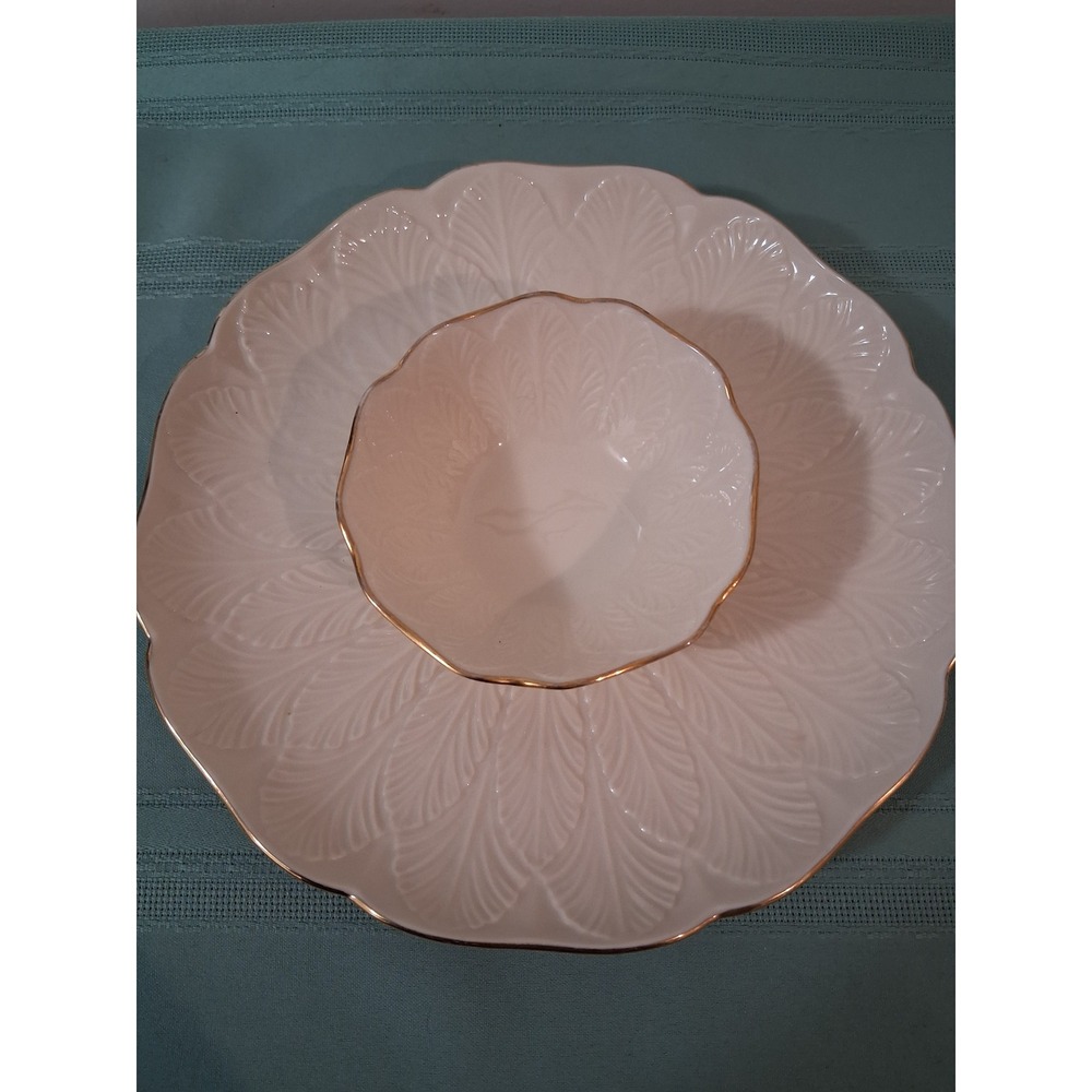 Lenox Ivory Gold Trim Chip and Dip Set Embossed Leaf Serving Platter Bowl USA